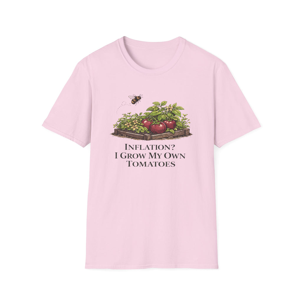 Root & Raise Inflation I Grow My Own Tomatoes gardening t-shirt in light pink — veteran-owned native plant apparel printed in the USA