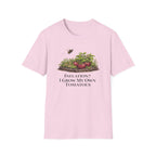 Root & Raise Inflation I Grow My Own Tomatoes gardening t-shirt in light pink — veteran-owned native plant apparel printed in the USA