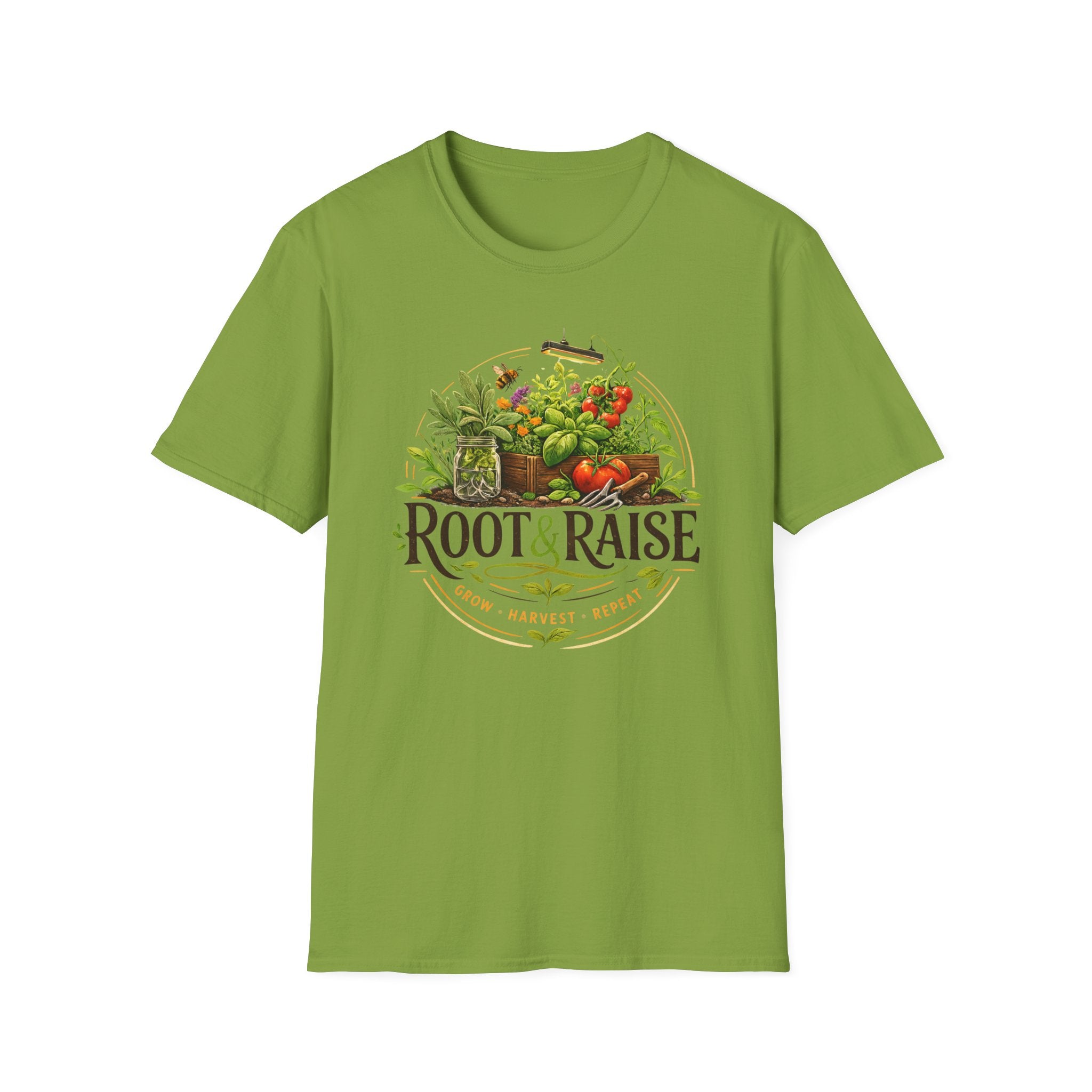 Root and Raise Logo Grow Harvest Repeat T-Shirt