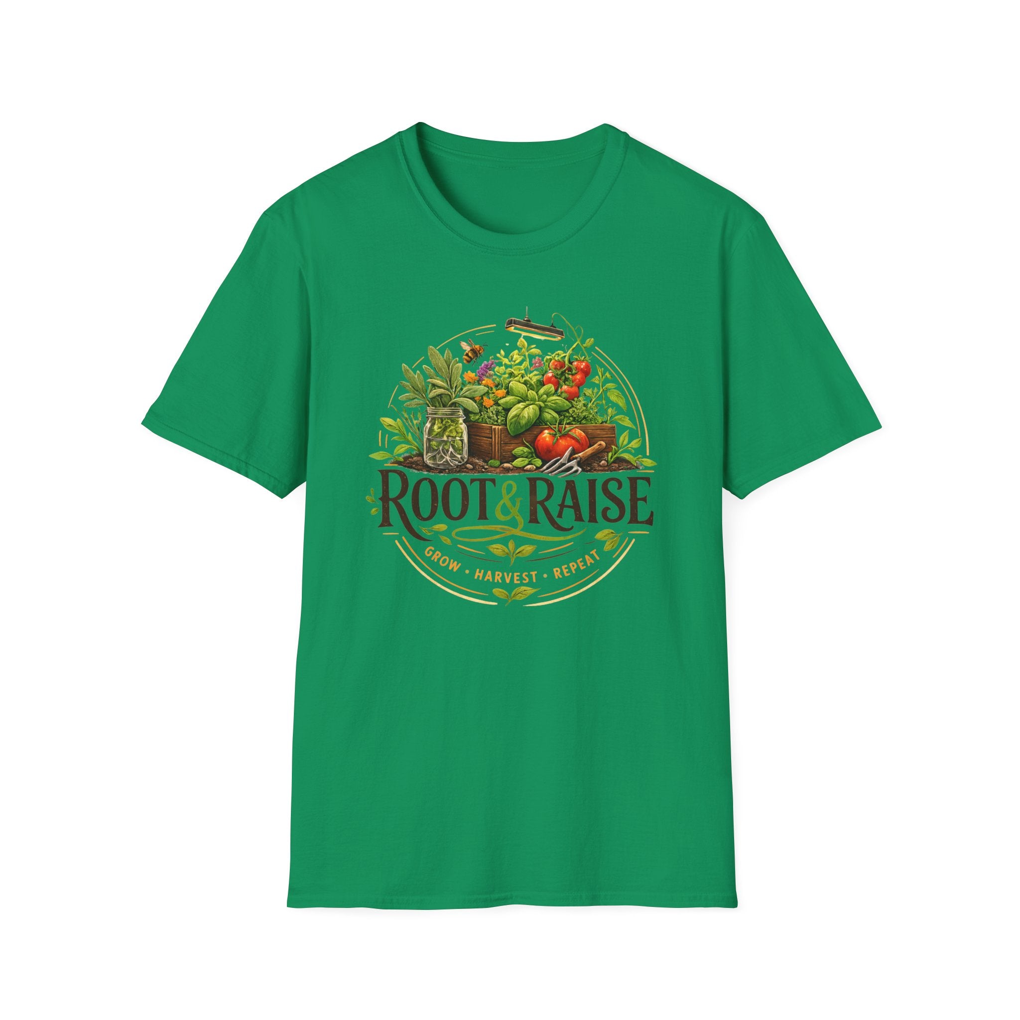 Root and Raise Logo Grow Harvest Repeat T-Shirt