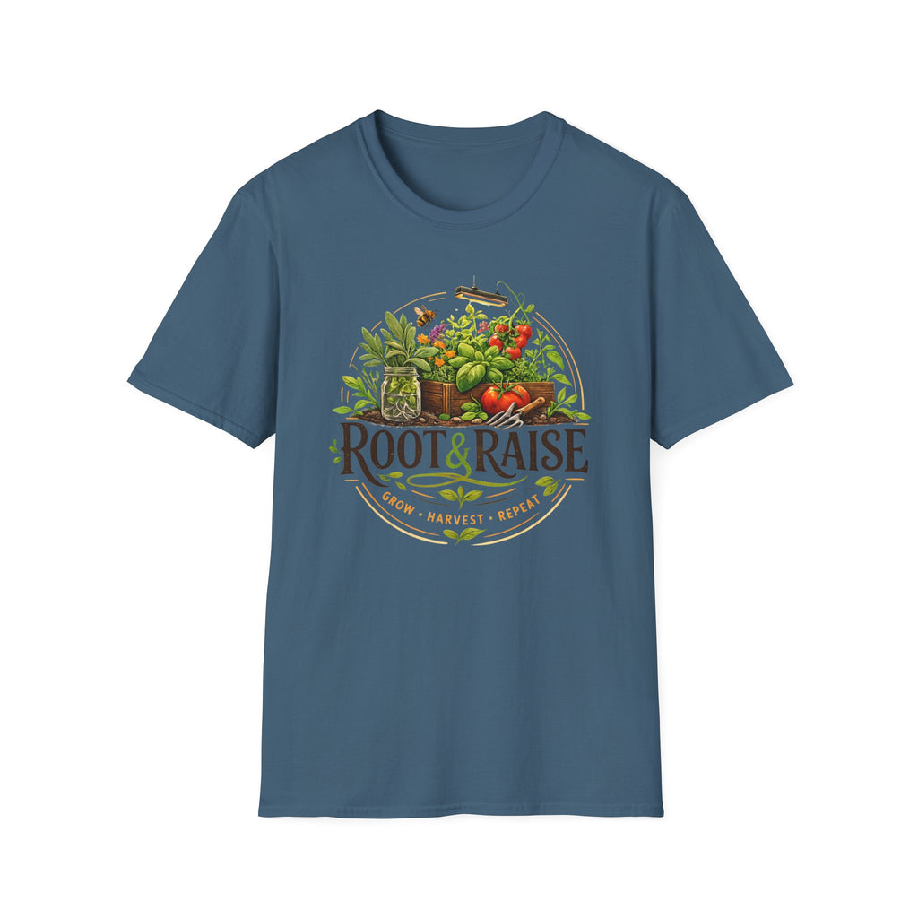 Root and Raise Logo Grow Harvest Repeat T-Shirt