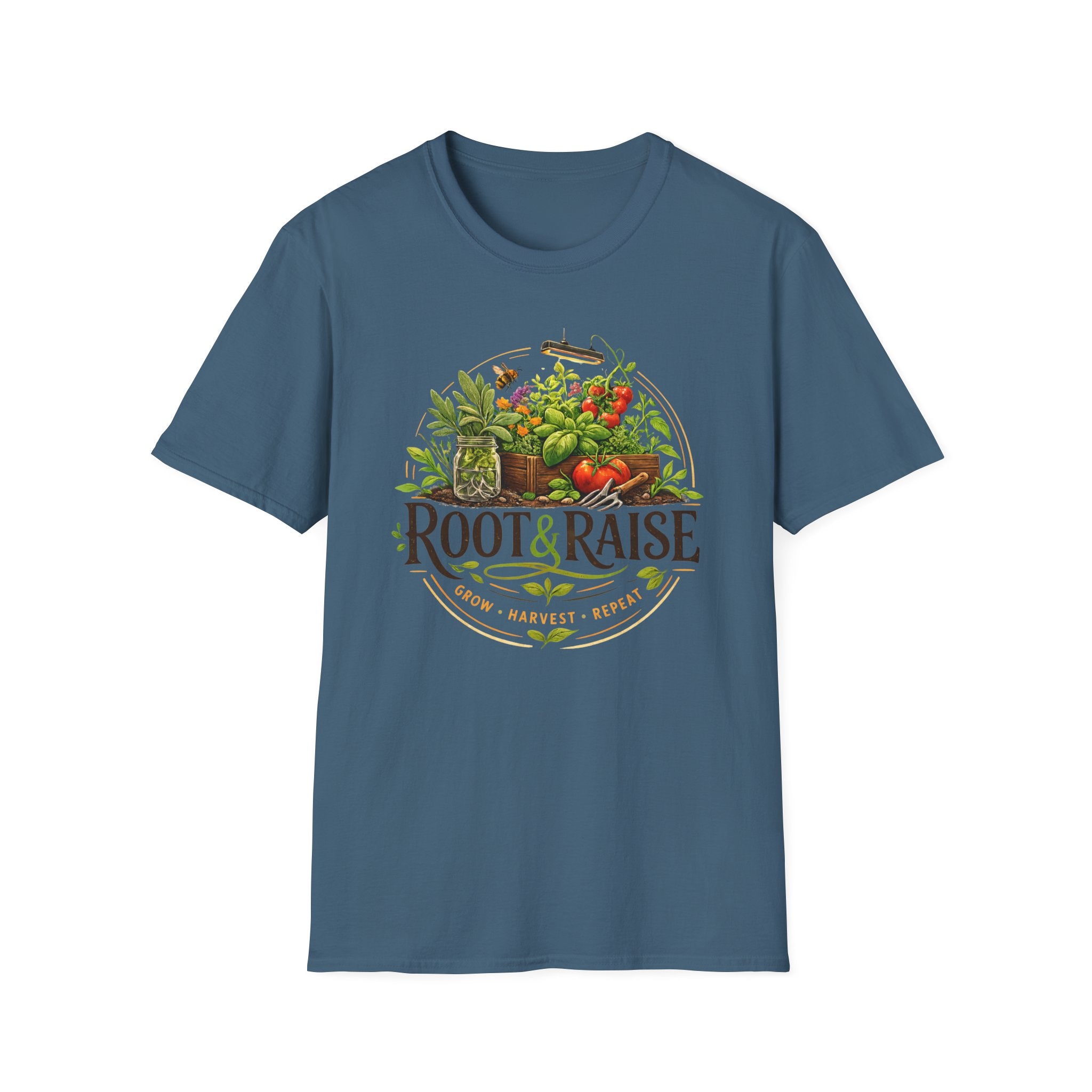 Root and Raise Logo Grow Harvest Repeat T-Shirt