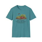 Root & Raise Inflation I Grow My Own Tomatoes gardening t-shirt in heather Galapagos blue — veteran-owned native plant apparel printed in the USA