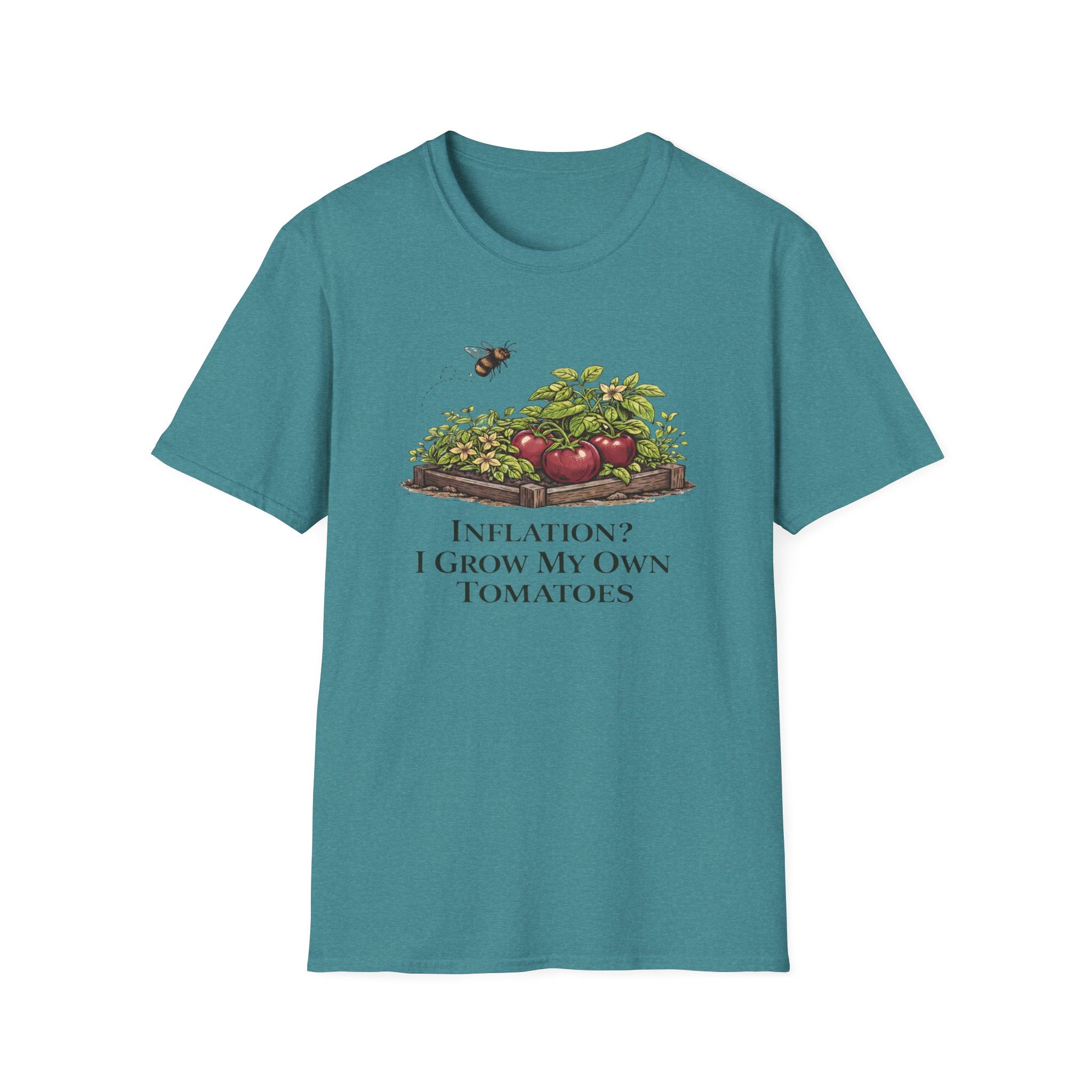 Root & Raise Inflation I Grow My Own Tomatoes gardening t-shirt in heather Galapagos blue — veteran-owned native plant apparel printed in the USA