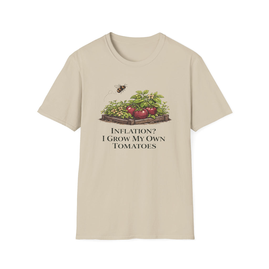 Root & Raise Inflation I Grow My Own Tomatoes gardening t-shirt in sand — veteran-owned native plant apparel printed in the USA