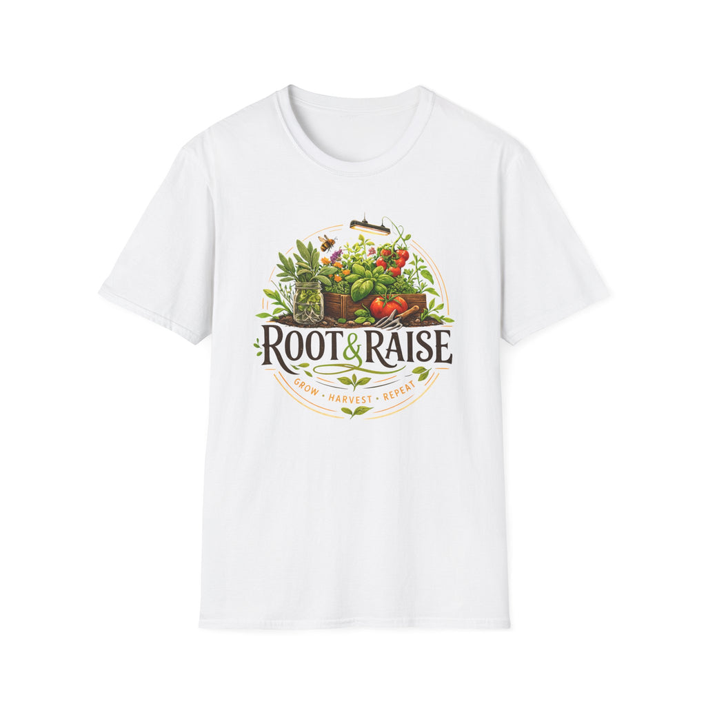 Root and Raise Logo Grow Harvest Repeat T-Shirt