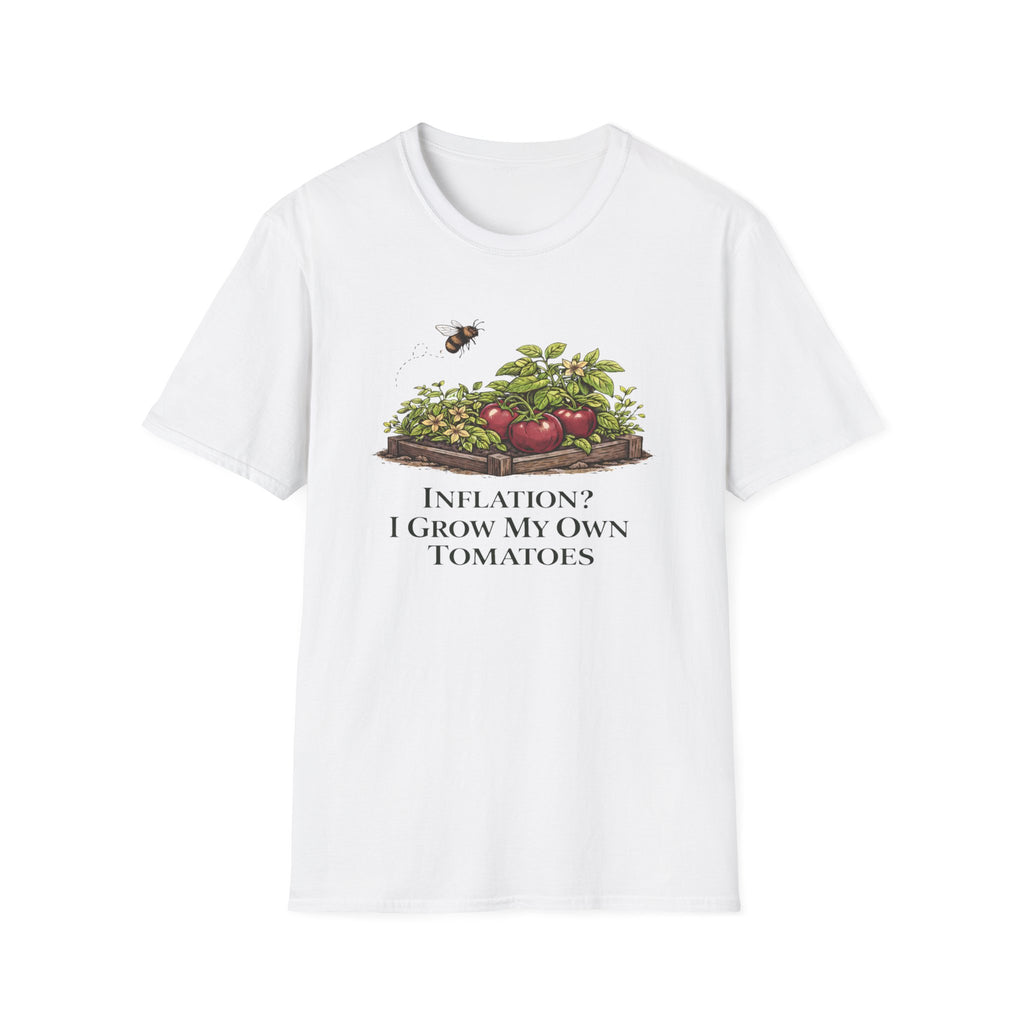 Root & Raise Inflation I Grow My Own Tomatoes gardening t-shirt in white — veteran-owned native plant apparel printed in the USA