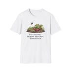 Root & Raise Inflation I Grow My Own Tomatoes gardening t-shirt in white — veteran-owned native plant apparel printed in the USA