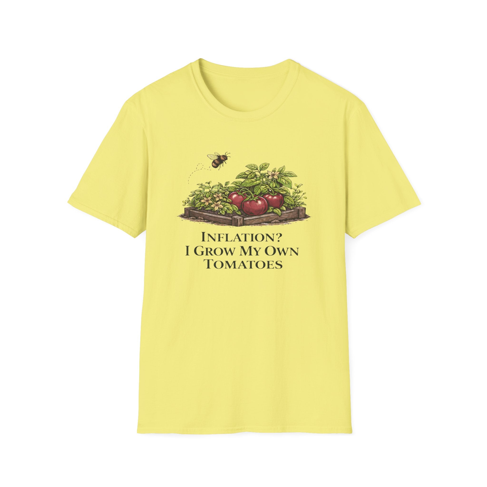 Root & Raise Inflation I Grow My Own Tomatoes gardening t-shirt in corn silk — veteran-owned native plant apparel printed in the USA