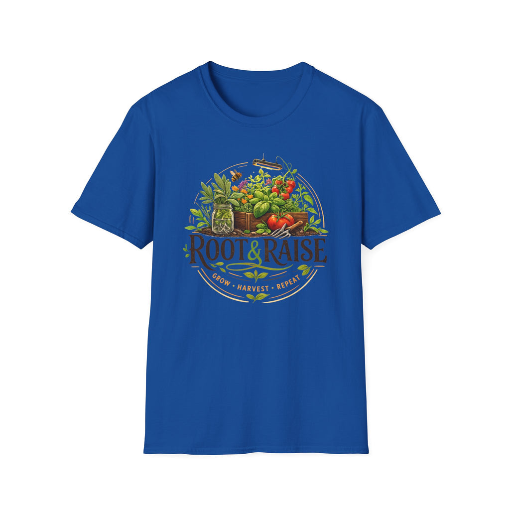 Root and Raise Logo Grow Harvest Repeat T-Shirt