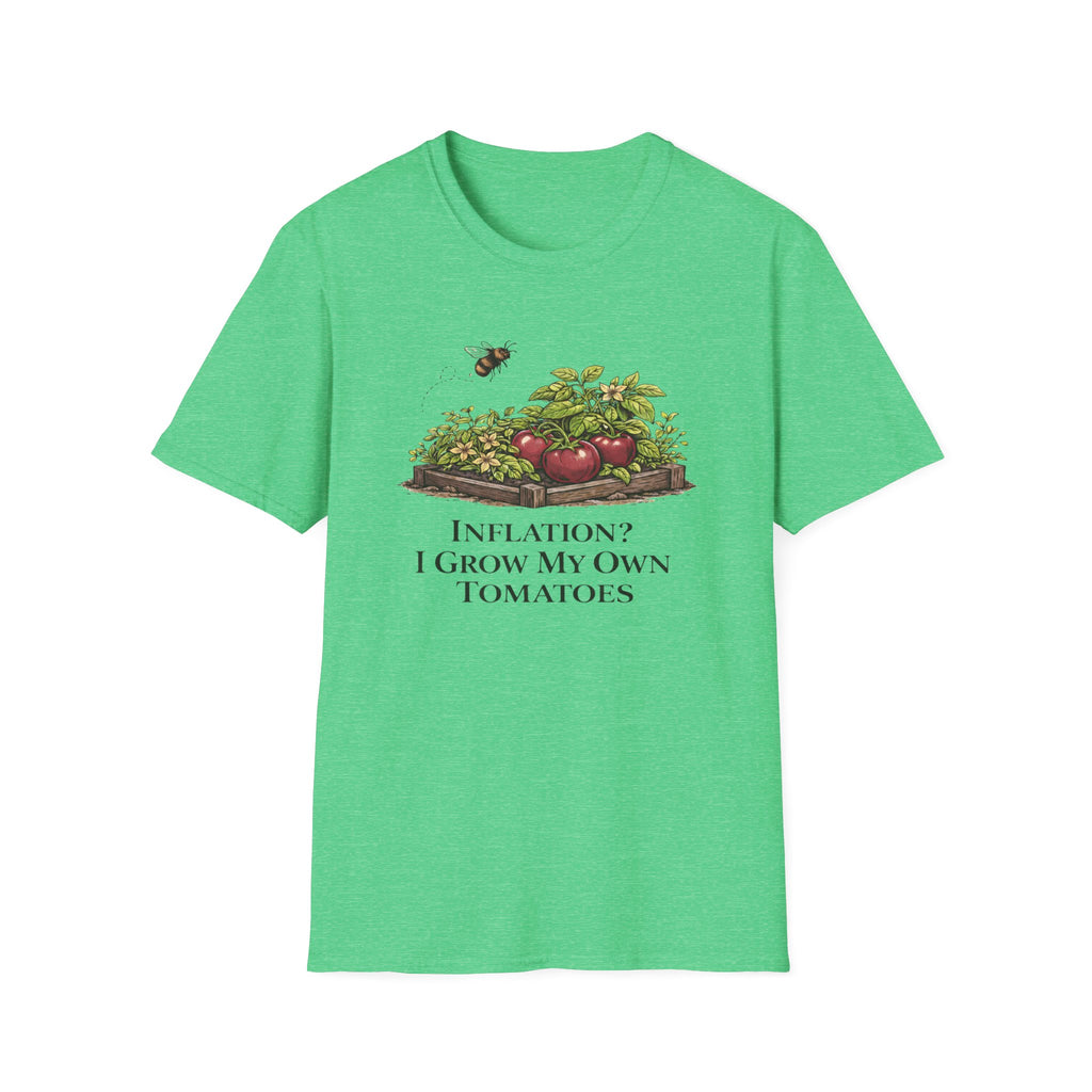 Root & Raise Inflation I Grow My Own Tomatoes gardening t-shirt in heather Irish green — veteran-owned native plant apparel printed in the USA