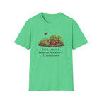Root & Raise Inflation I Grow My Own Tomatoes gardening t-shirt in heather Irish green — veteran-owned native plant apparel printed in the USA