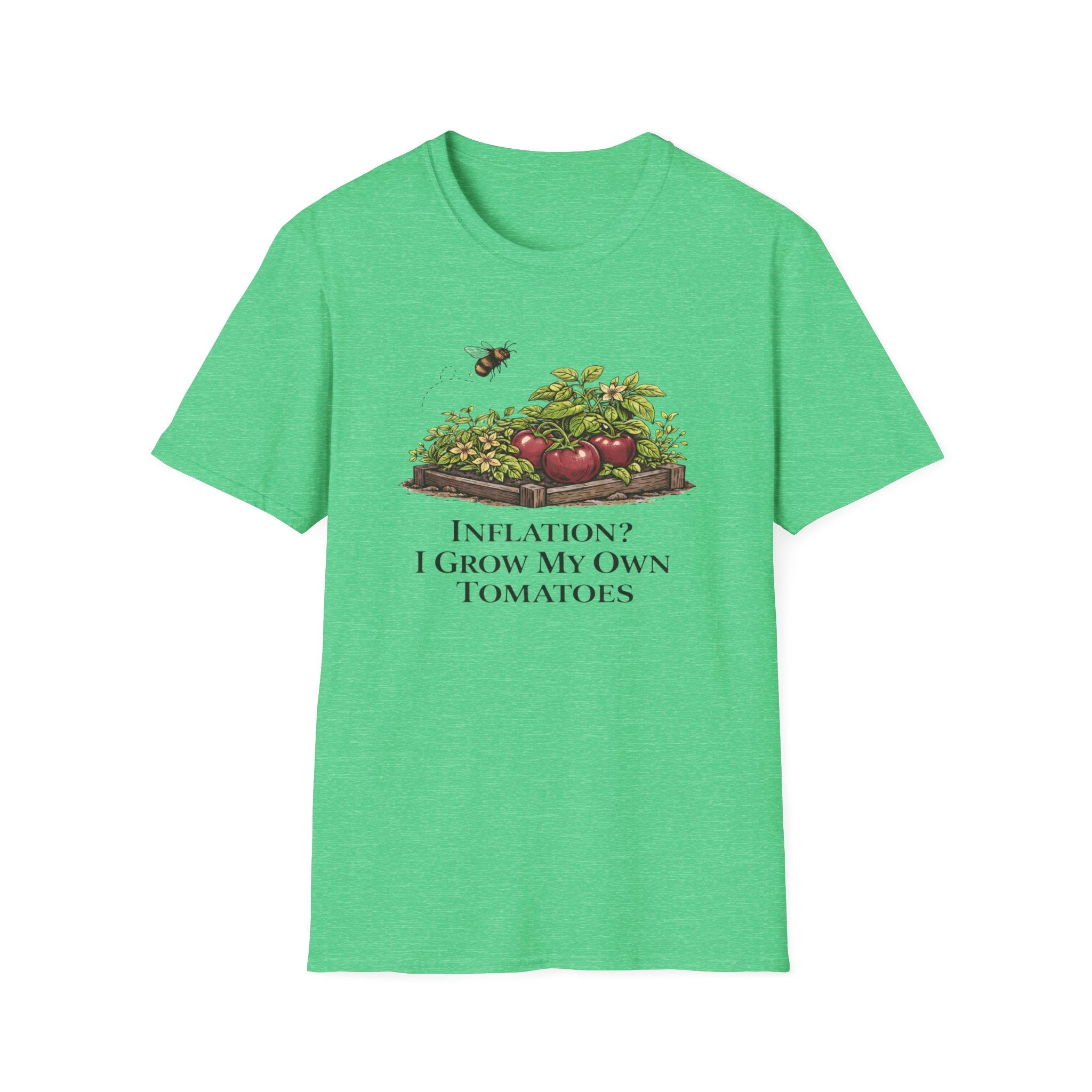 Root & Raise Inflation I Grow My Own Tomatoes gardening t-shirt in heather Irish green — veteran-owned native plant apparel printed in the USA