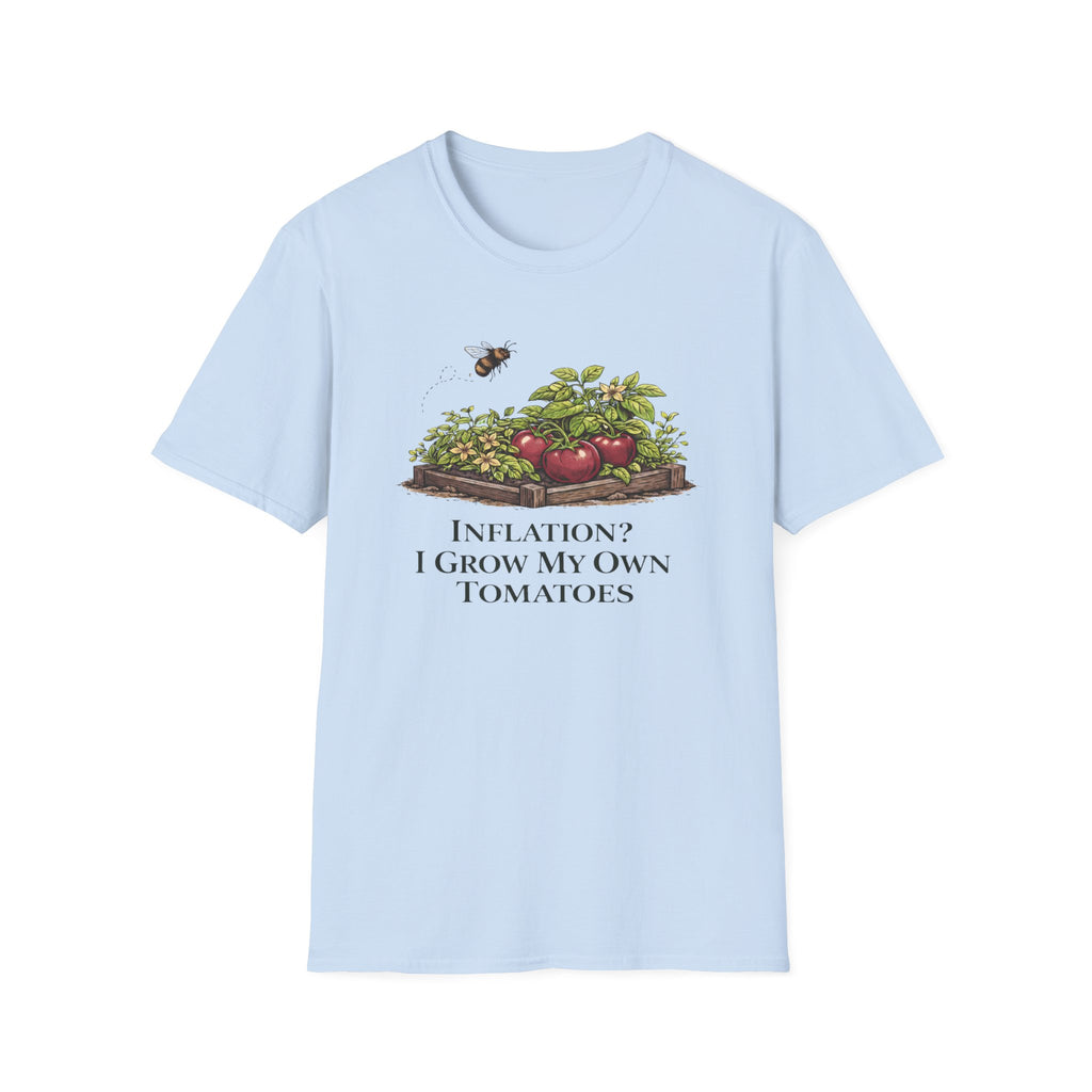 Root & Raise Inflation I Grow My Own Tomatoes gardening t-shirt in light blue — veteran-owned native plant apparel printed in the USA