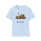 Root & Raise Inflation I Grow My Own Tomatoes gardening t-shirt in light blue — veteran-owned native plant apparel printed in the USA