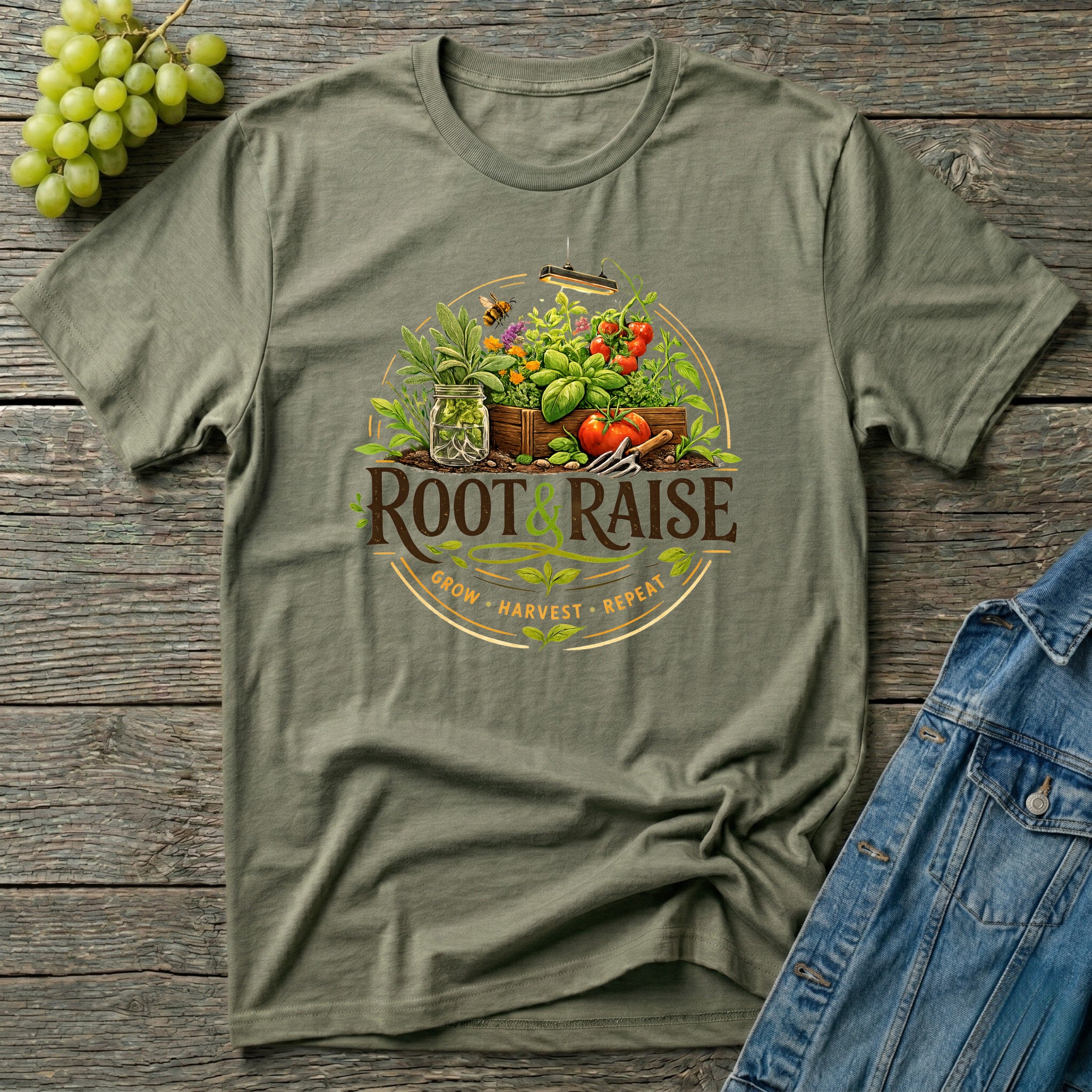 Root and Raise Logo Grow Harvest Repeat T-Shirt