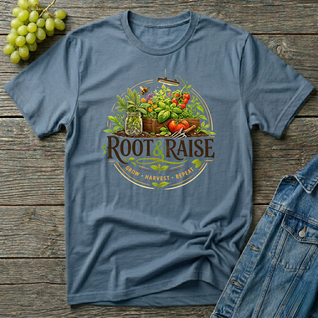 Root and Raise Logo Grow Harvest Repeat T-Shirt
