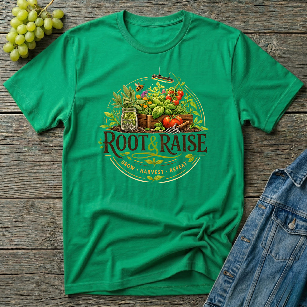Root and Raise Logo Grow Harvest Repeat T-Shirt