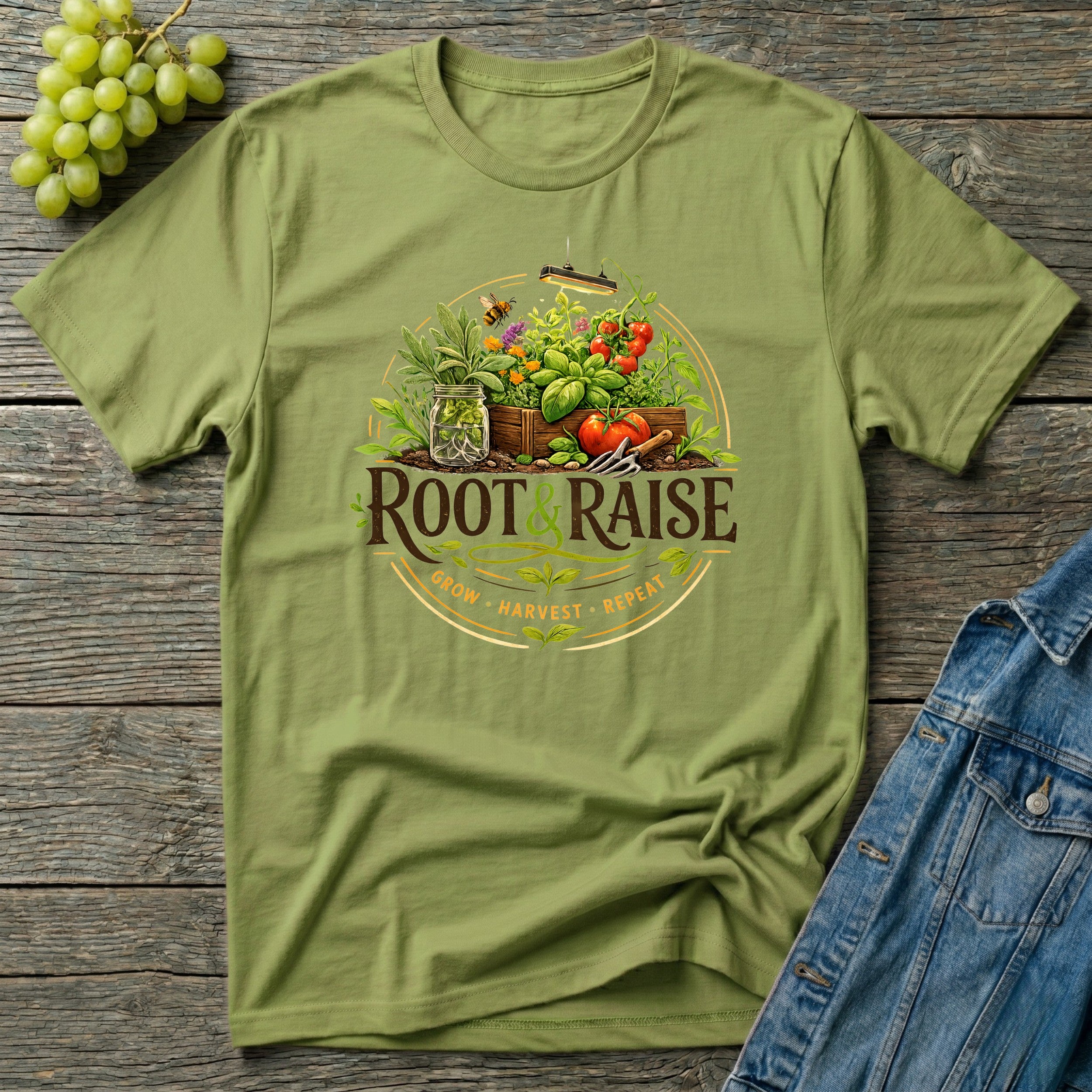 Root and Raise Logo Grow Harvest Repeat T-Shirt