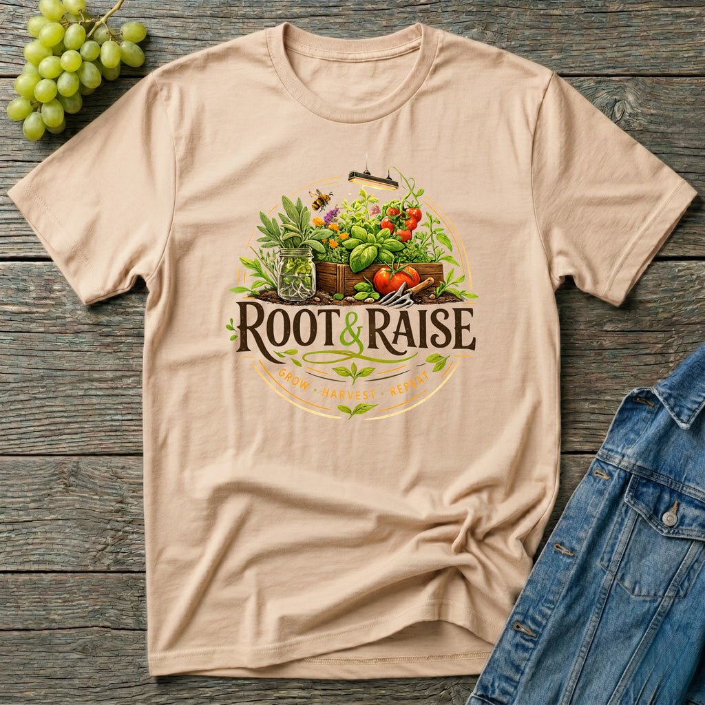 Root and Raise Logo Grow Harvest Repeat T-Shirt