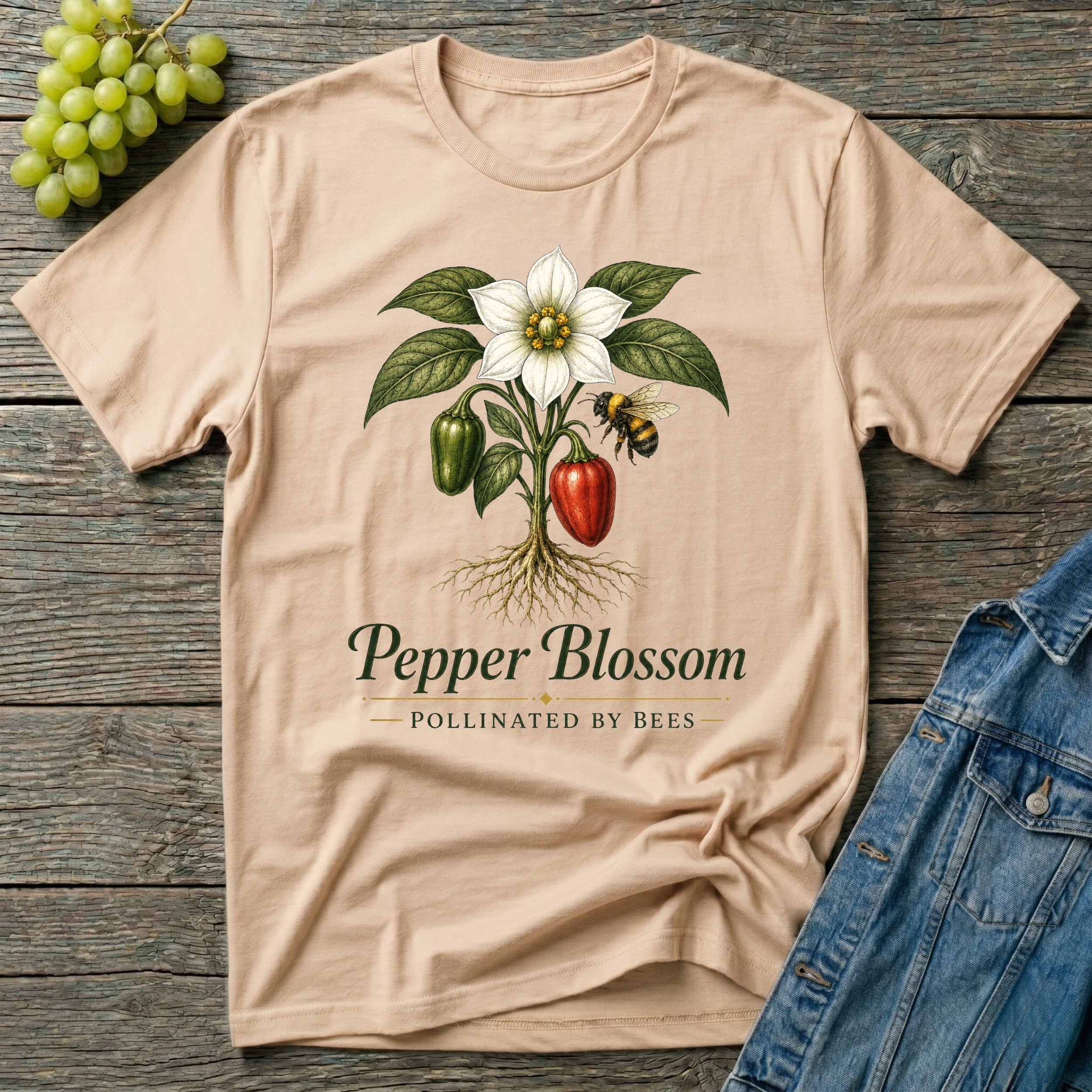 Pepper Blossom Pollinated by Bees Gardening T-Shirt