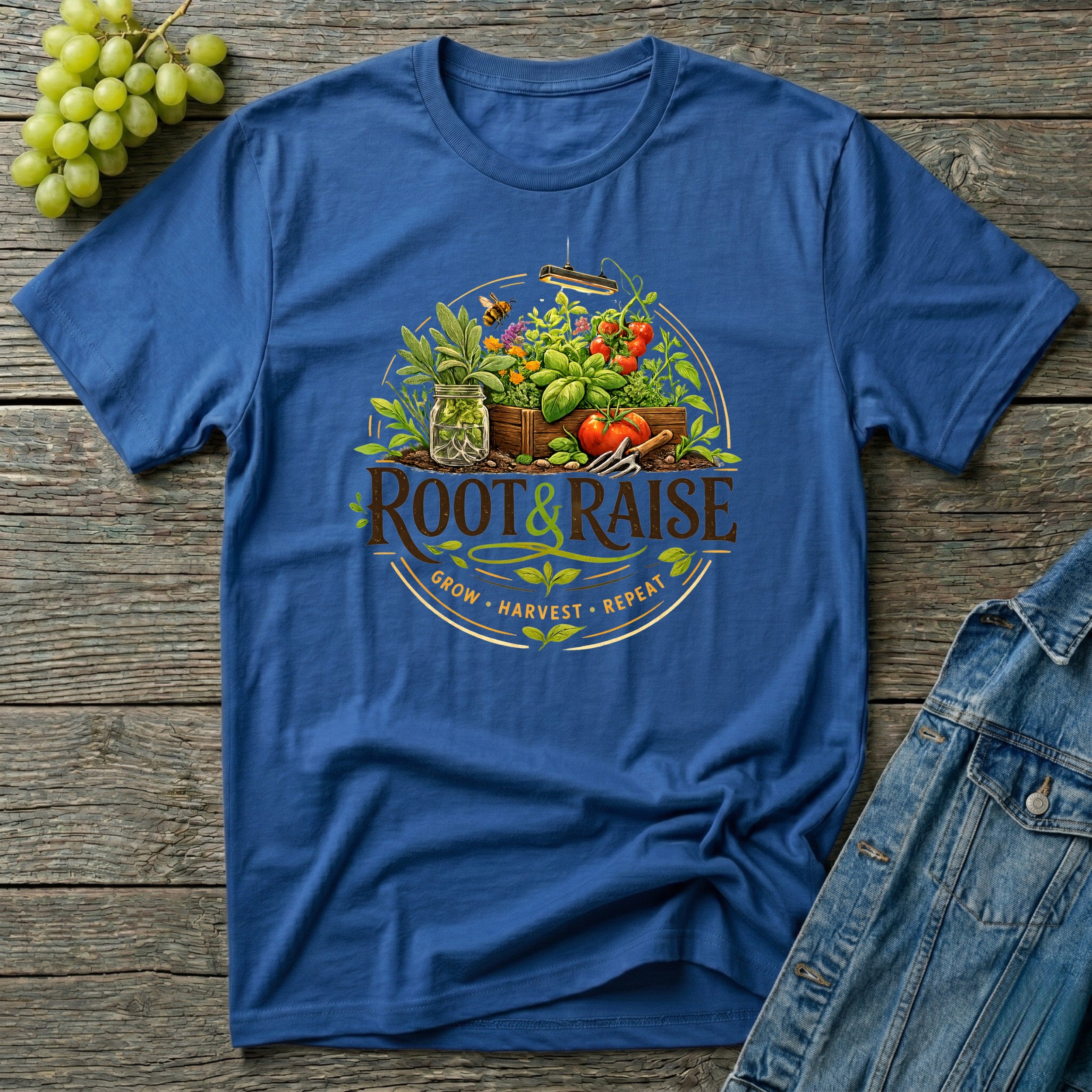 Root and Raise Logo Grow Harvest Repeat T-Shirt
