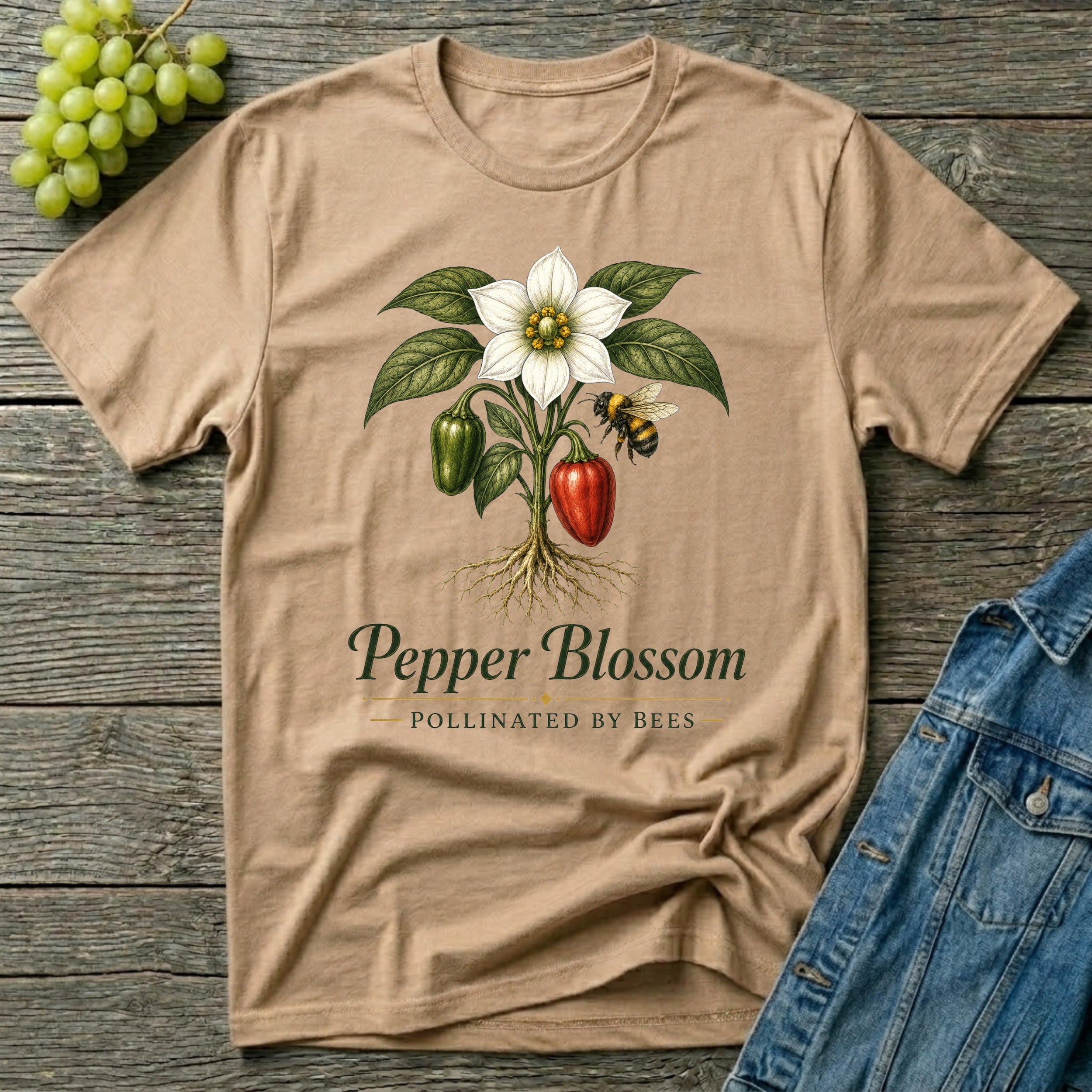 Pepper Blossom Pollinated by Bees Gardening T-Shirt