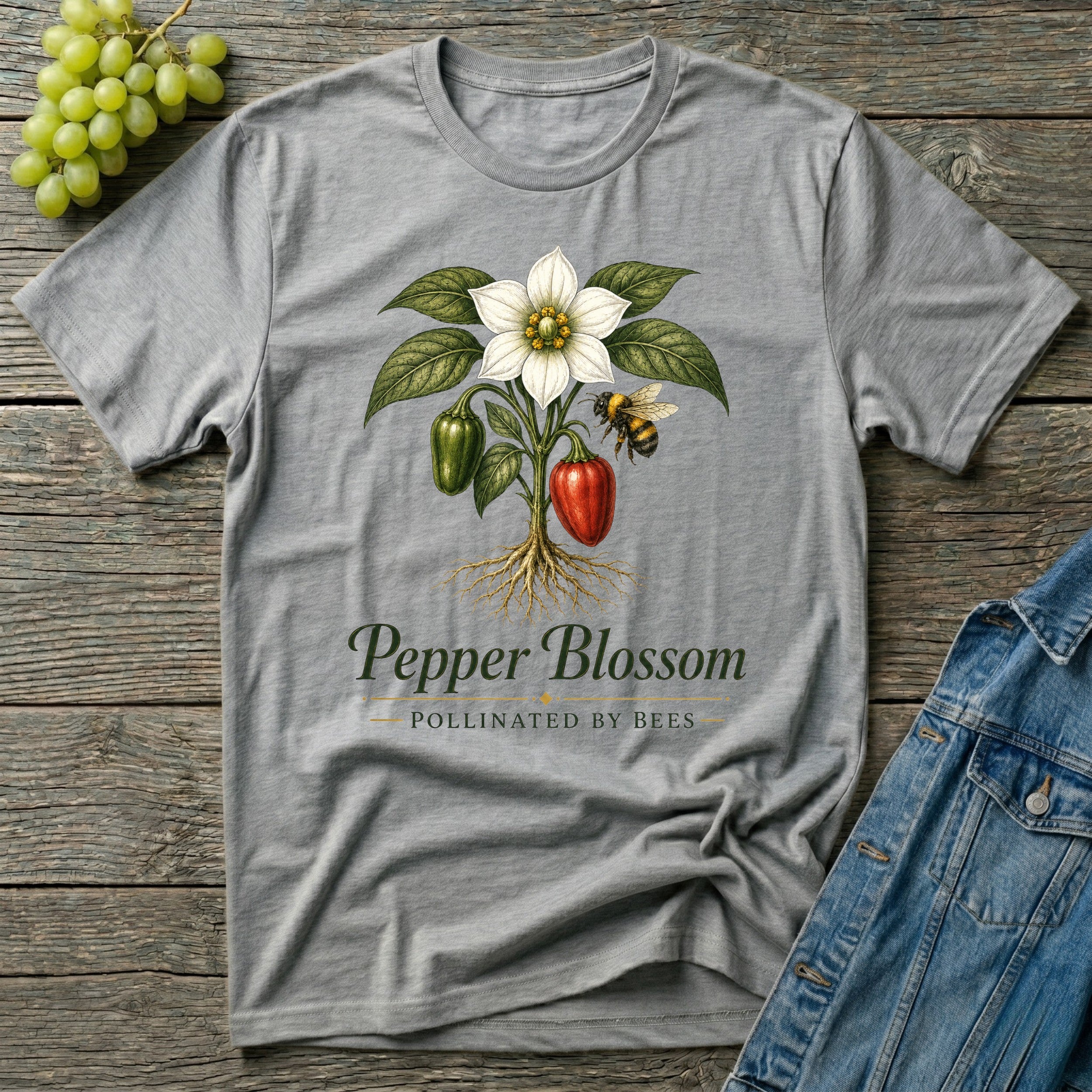 Pepper Blossom Pollinated by Bees Gardening T-Shirt