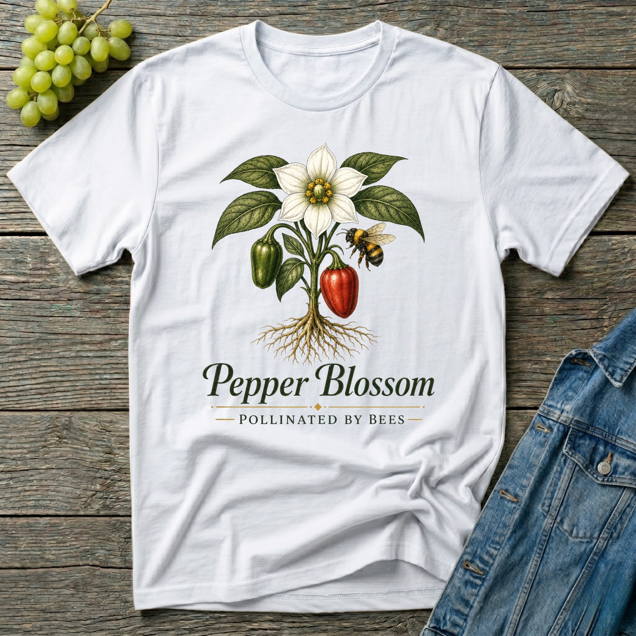 Pepper Blossom Pollinated by Bees Gardening T-Shirt